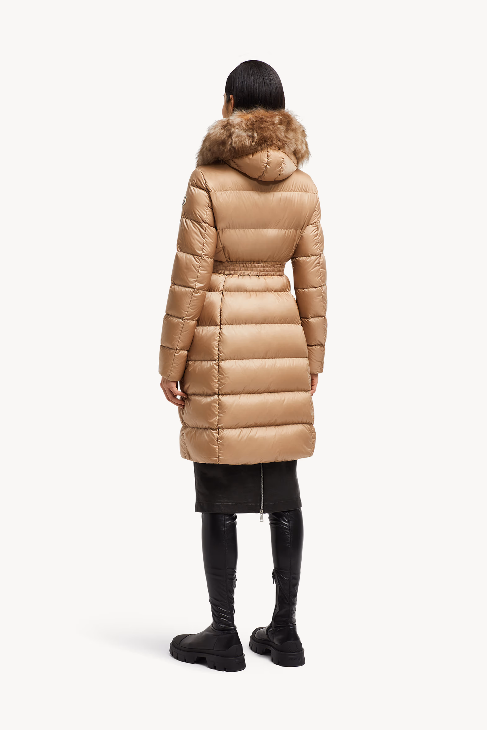Boedic Hooded Shearling-Trimmed Long Down Jacket Women Camel Beige Moncler 5